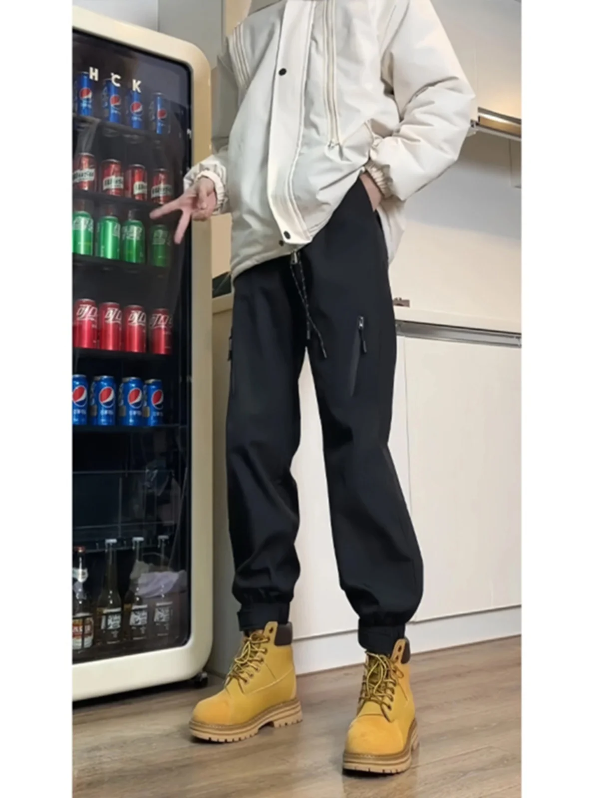 

American Sle Fce Lined Work Trousers for Men Autumn Winter Boots Matching Pants Magic Tape Cuffed Casual Pants