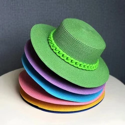 Chapeau de paille à larges bords pour femmes, vert, jaune, violet, version coréenne, mode, filet, chaîne rouge, plage, soleil, marée, été