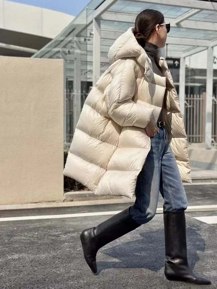 Jaqueta fofa de penas de pato branco 90 para mulheres, média a longa, moda inverno 2025