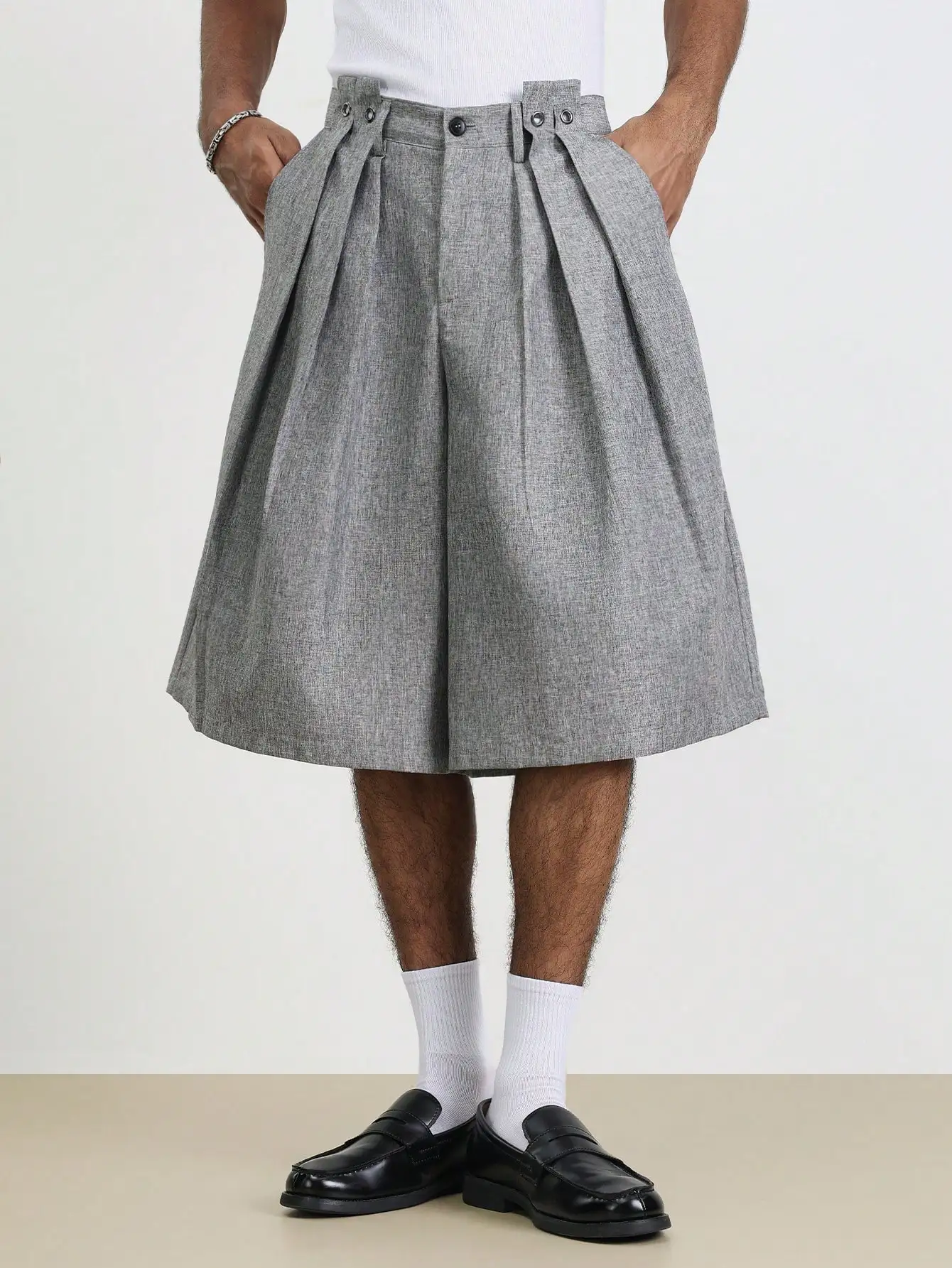 Pleated Wide Leg Shorts Men 2026 New Summer,High Waist Woven Formal Shorts,Retro Fashion Button Pocket Casual Street Shorts