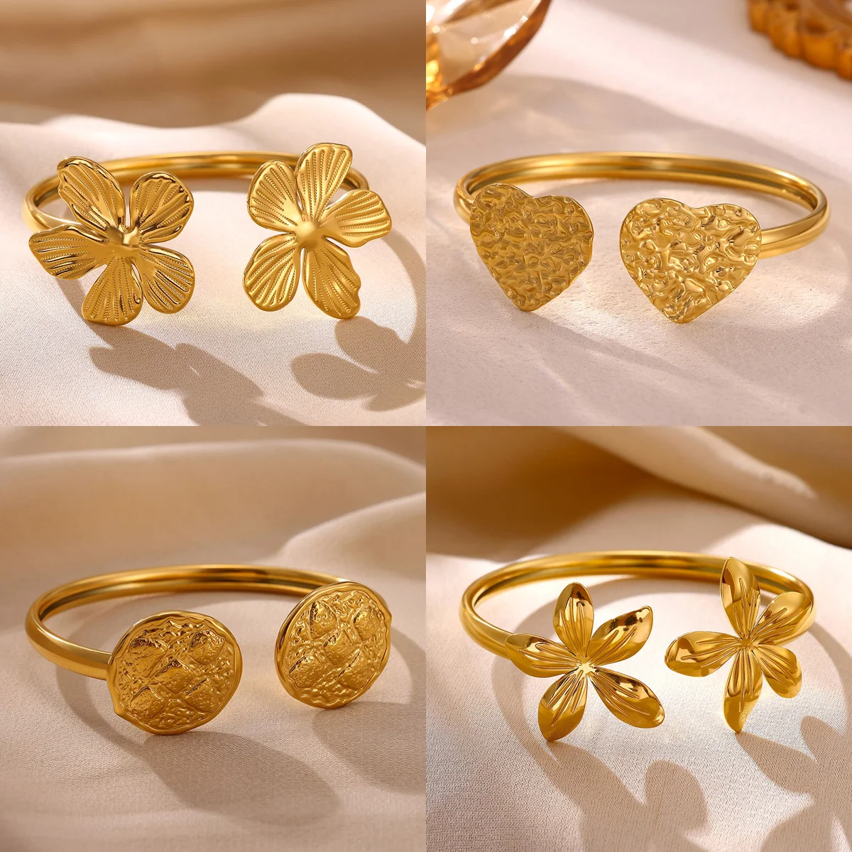 Modisches Münz-Herz-Armreif für Damen aus Edelstahl mit geometrischem Blumenmuster, verstellbares Manschettenarmband, ästhetischer Schmuck G