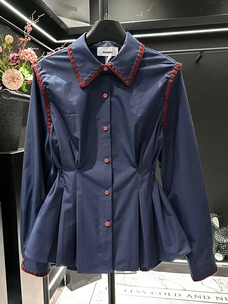 

plus Size Royal Blue Waist-Cinching Shirt Top Short Sleeve Long Sleeve High-End Feeling Blouse Korean Style Commute Fashion