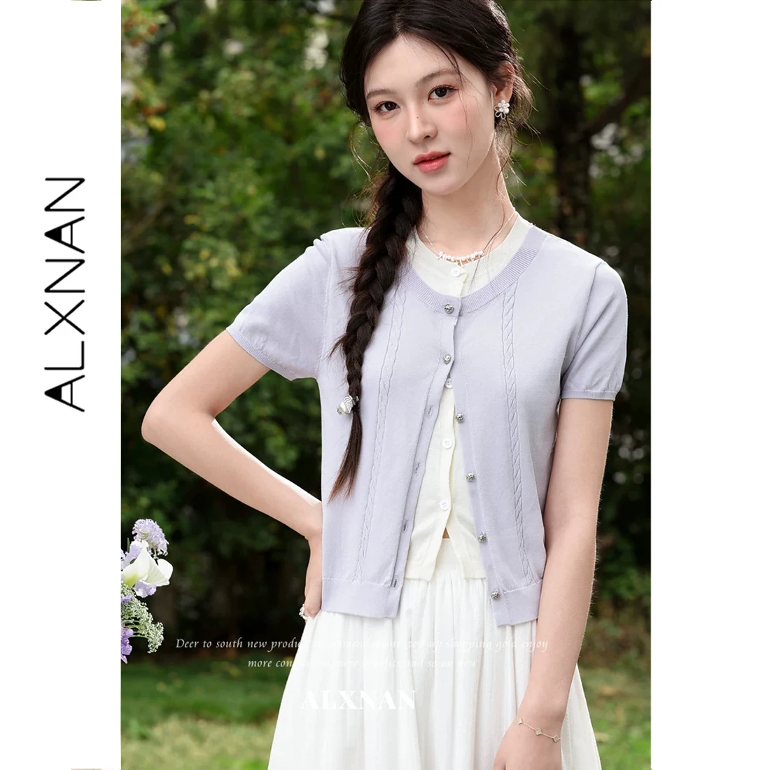 

ALXNAN Women's Knitted Top Purple Fake Two-Piece Short Sleeve Knitwear 2026 Fashion Summer Casual Elegant Ladies Clothing L63122