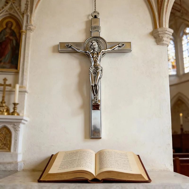 Neu2026 Traditionelles silberfarbenes katholisches St.-Benedikt-Kruzifix mit INRI-Gravur für Kirchenaltar und spirituelle Heimdekoration – Detail 15