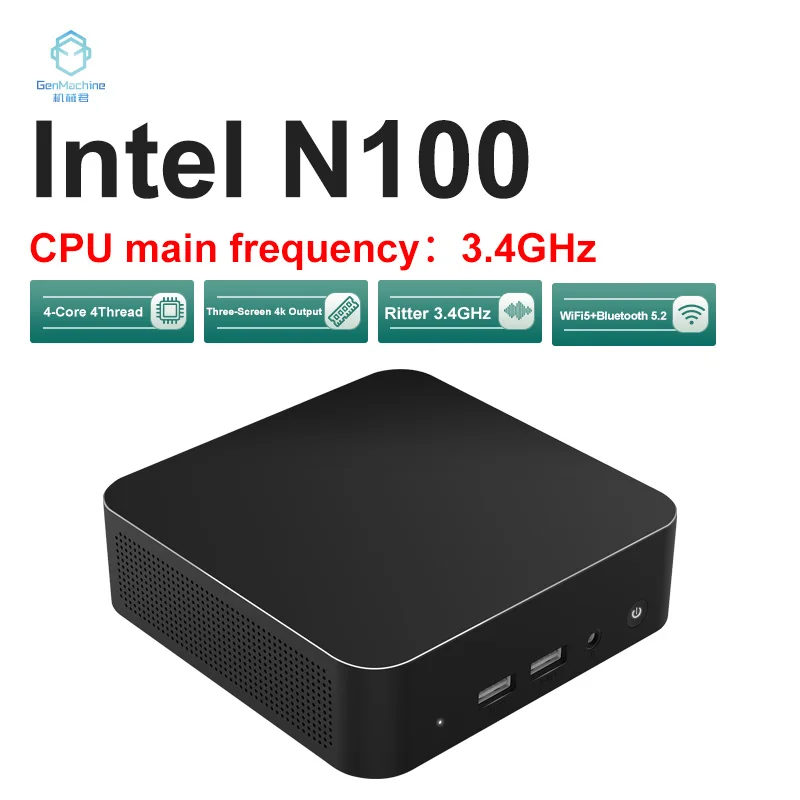 GenMachine-Mini PC Gamer Intel N100, 4 cœurs, 4 fils, fenêtre 11 M.2, WiFi 5, DDR4, BT 5.2, 3.40 GHz, 6W, nouveau