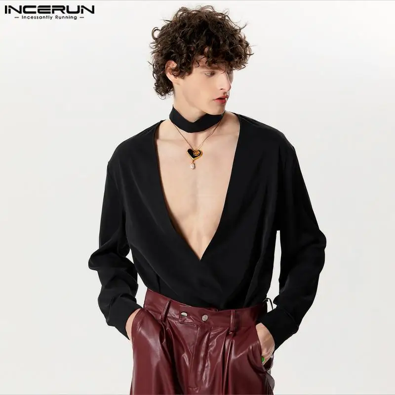 INCERUN Tops 2024 Spring Summer Shirt Mens Long Sleeve Tops Deep V Neck Sexy Shirts Clothing Stylish Casual Shirts Camisas S-5XL