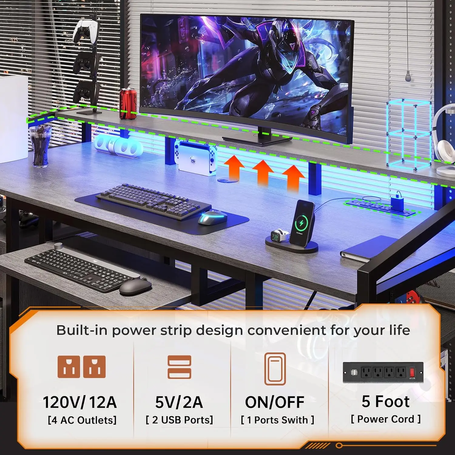 Lockable Drawers for Legal/Letter File, Gaming Desk with LED Lights & Power Outlet, Home Office Desks with Storage