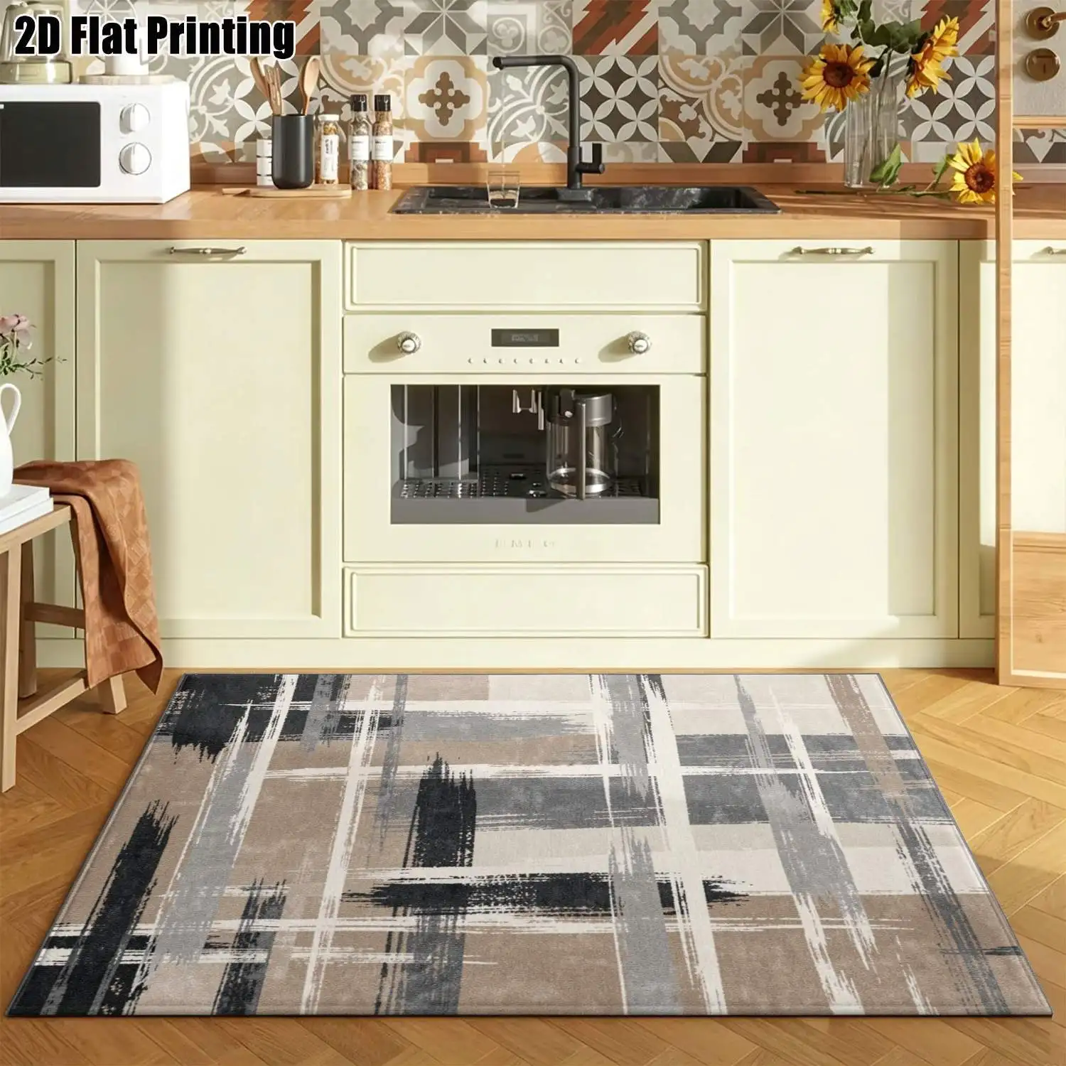 1Pc 2D Printed Light Blue Retro Floral Carpet, Multi-Style for Home Decor, Machine Washable, Multi-Scene Use