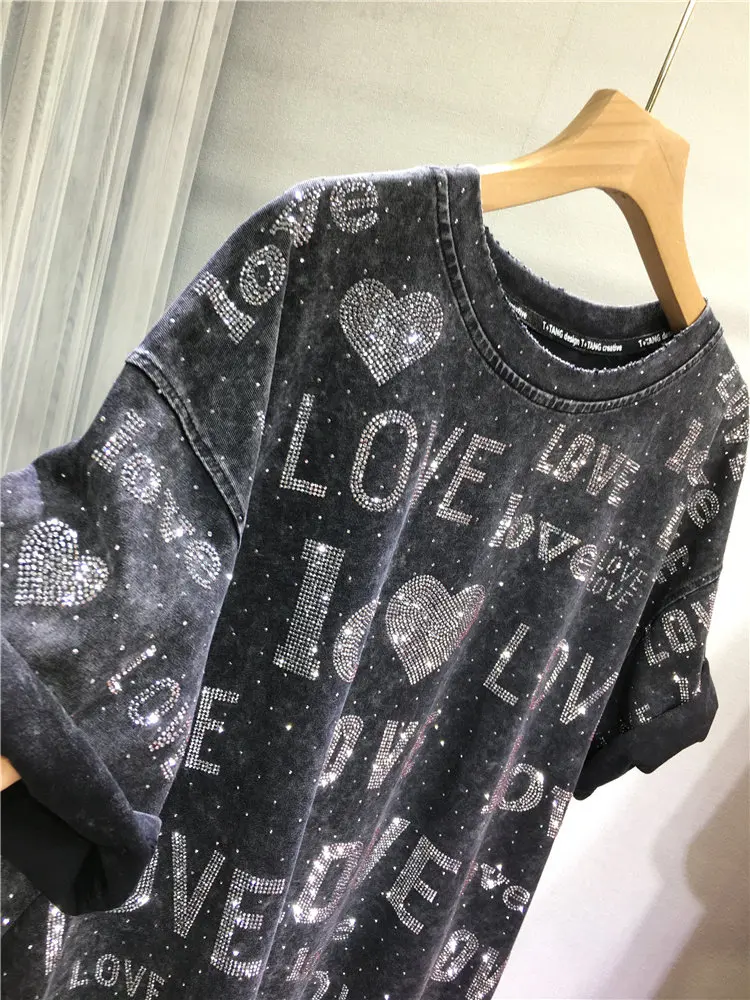 Shiny Love Letters Hot Diamonds Women T-shirt Spring Summer Oversize Round Neck Pullover Top Mid-long Casual Short Sleeve Tees