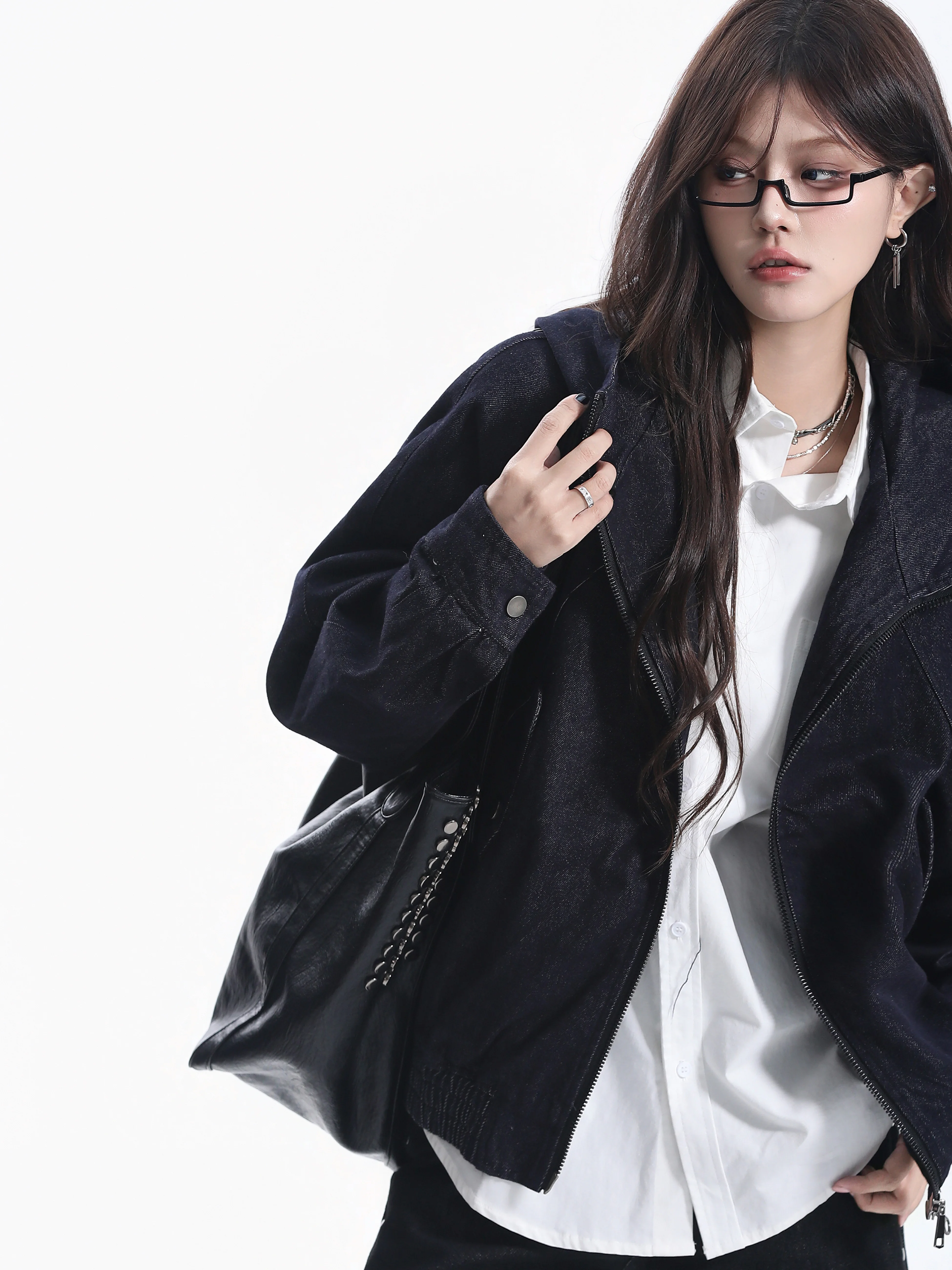 American Style Loose Fit Zipper Casual Denim Jacket Women's Oversize Shoulder Drop Neutral Outerwear Top Small Ball Ball
