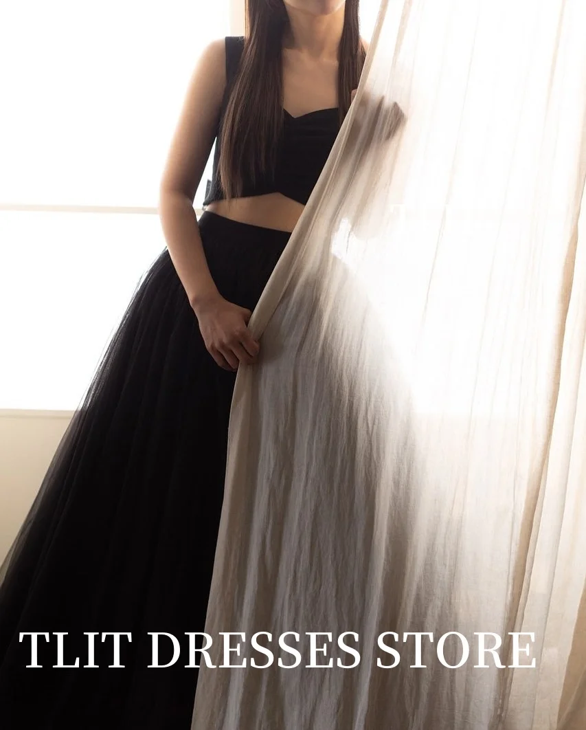TLIT Simple Black Two-Piece Tulle Evening Dresses Customized Korea Wedding Dresses Photo Shoot Spaghetti Strap Criss-Cross Gown