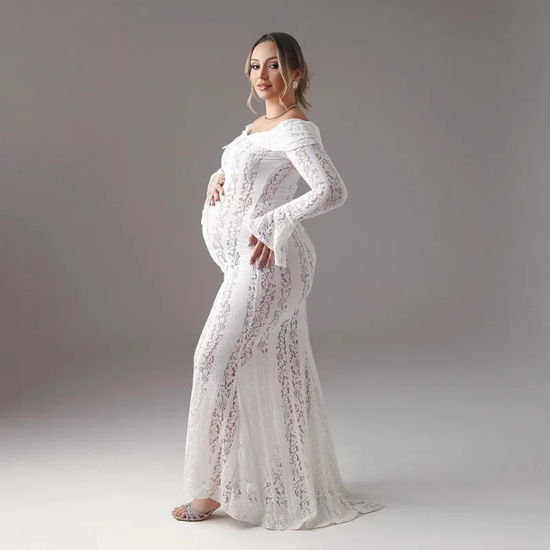 Ausgeschnittenes, elastisches, schulterfreies Kleid mit ausgestellten Ärmeln, Baby-Shower-Kleid, Fotografie-Kleid für Schwangere, Spitzen-Umstandskleid