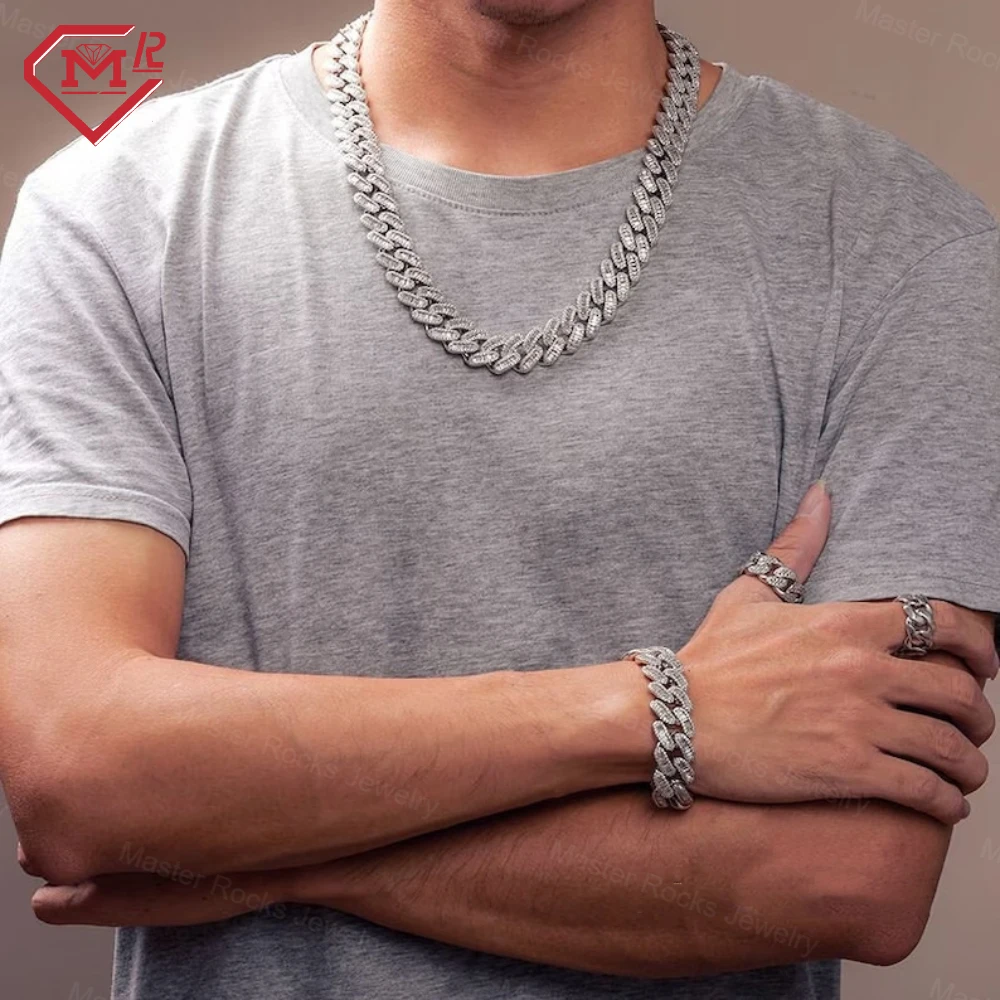 Hiphop Miami Cuban Link Chain 18mm Baguette Cut 925 Sterling Silver Iced Out Moissanite Chain Cuban