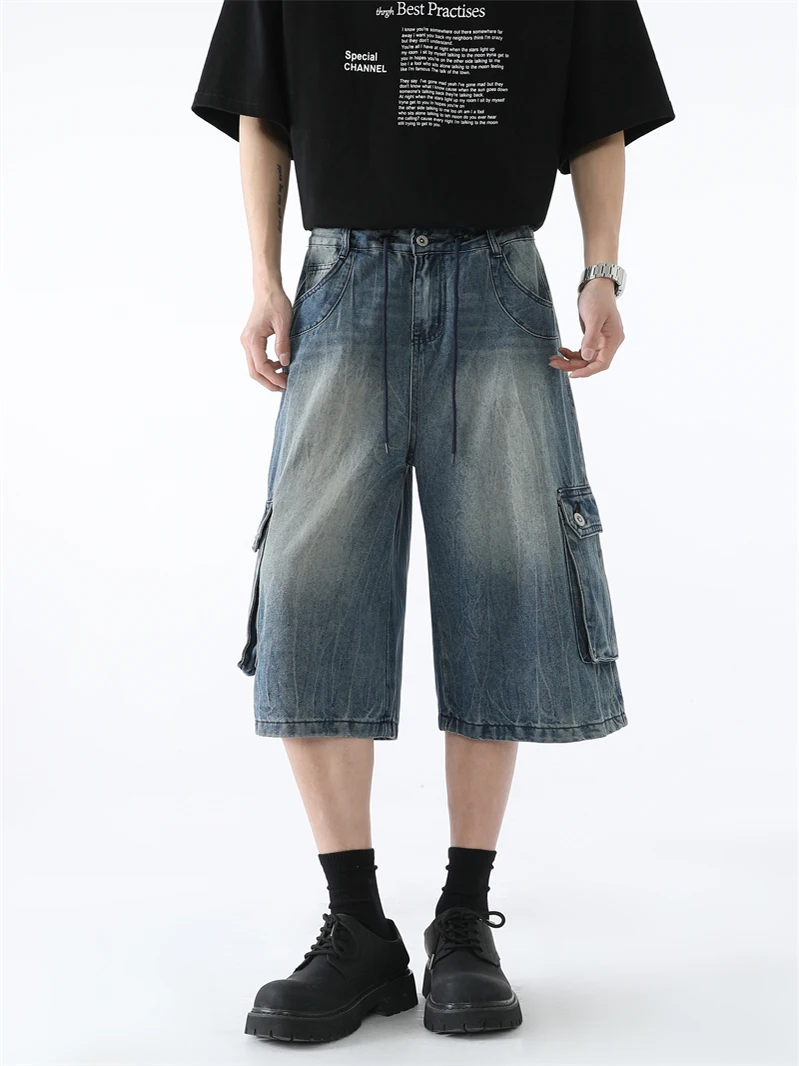 

Summer Thin American Waed Loose Multi-ket Denim Seven-Foot Pants ex CleanFit Vintage Street orts Straight Leg Jeans