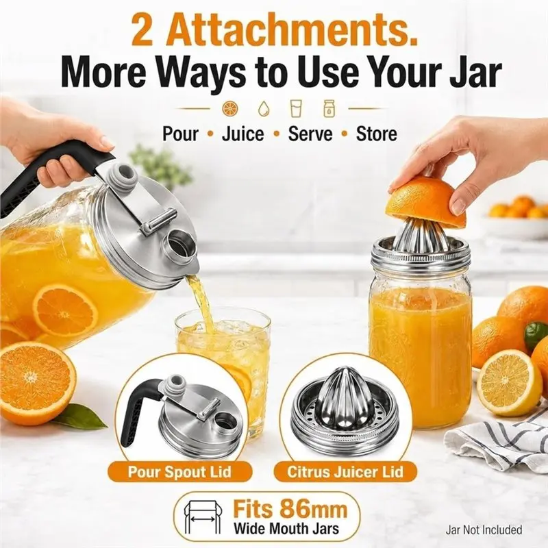 VEHO-2PCS Masonjar Accessories, Pour Spout Lid With Handle And Juicer Lid Wide Mouth Stainless Steel Masonjar Attachments