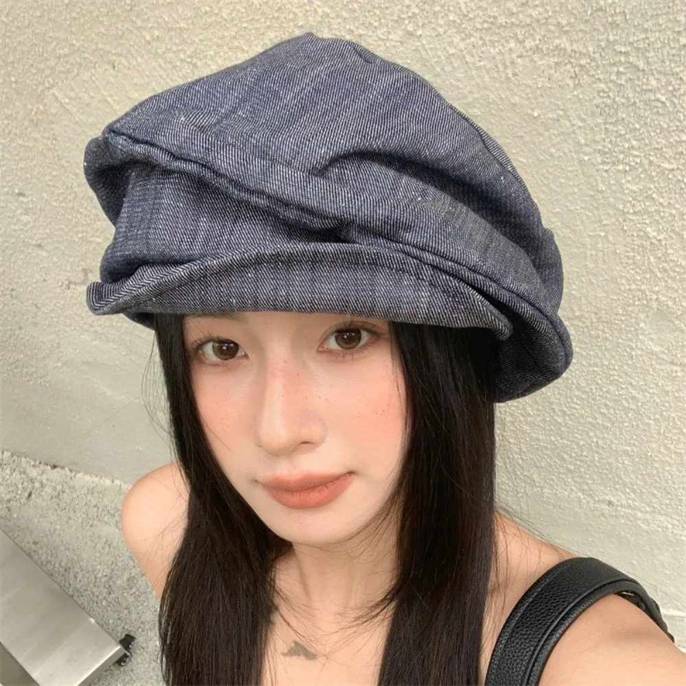 Casual Japanese Denim Beret Cloth Y2K Octagonal Cap Newsboy Big Head Circumference Pleated Painter Hat Girl