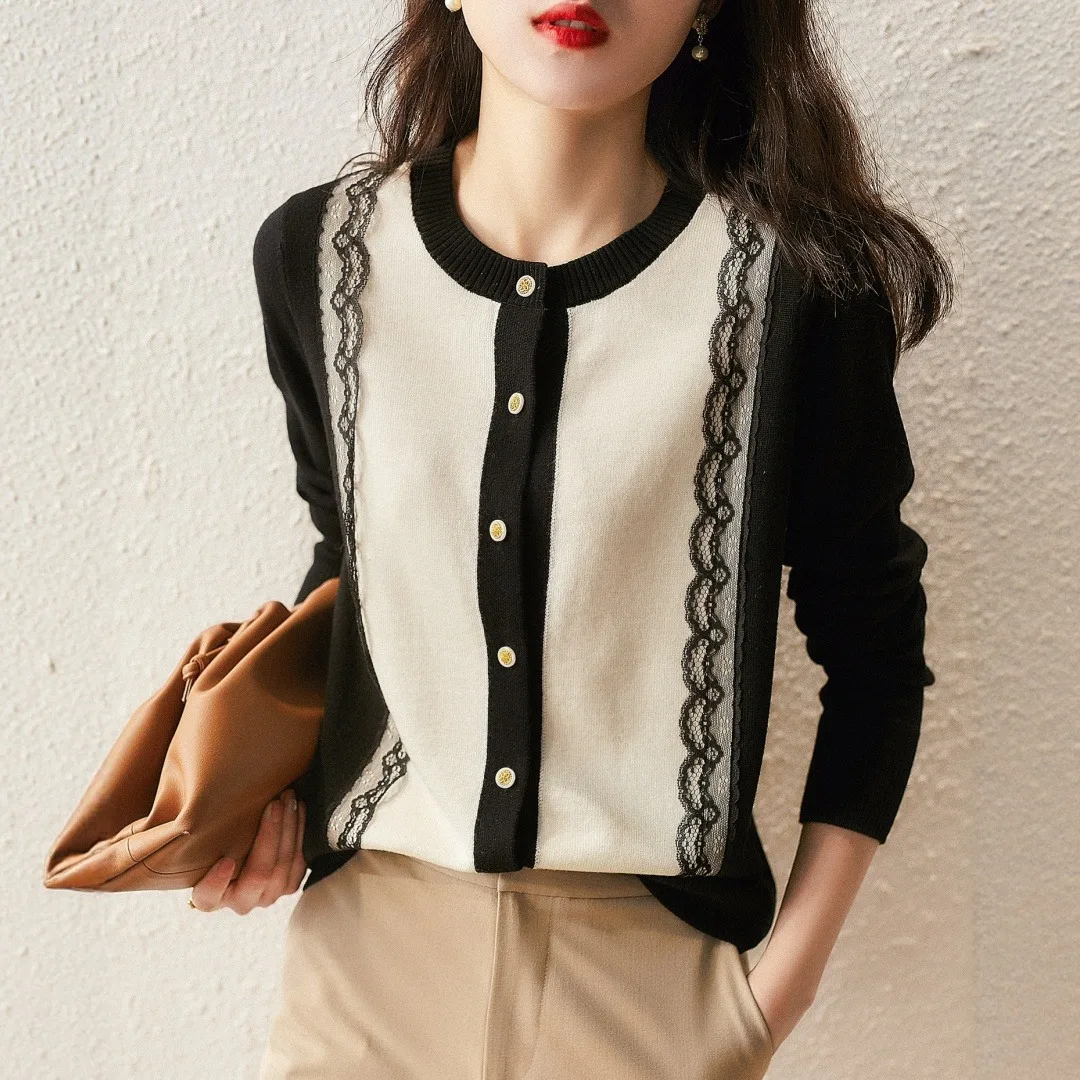 

Свободный крой, круглый вязаный кардиган, женский повседневный кардиган с кружевной отделкой, цветная блузка, верхняя одежда, базовый слой, осенний сезон, длинный све