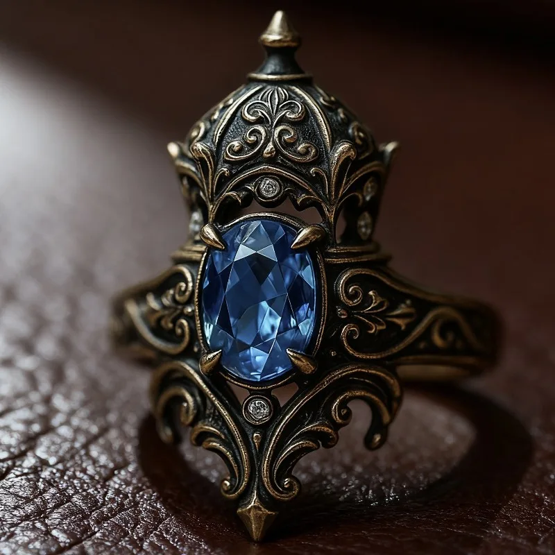 A Retro Ethnic Style Lady's Castle Ring Inlaid with Blue Zircon Holiday Gift Jewelry.