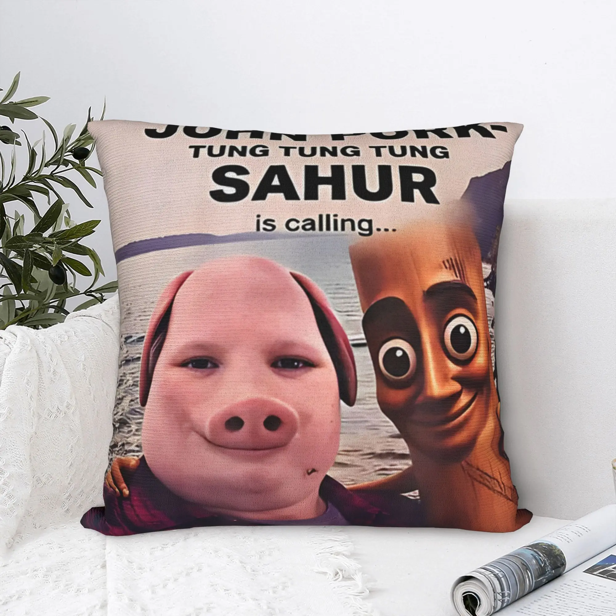 John Pork Tung Tung Sahur Calling Brainrot Meme Pillow Case Cute Funny Pillow Cover Design Pillowcases For Living Room Bed Chair