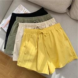 Pantalones cortos de lino para mujer, Shorts informales de algodón, de cintura alta, deportivos, color negro