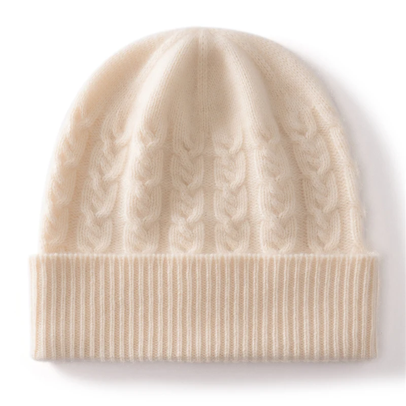 High-End 100% Cashmere Wool Hat Knitted Winter Double-Layer Thickened Warm Ear Protection Fashionable Versatile Winter Cap