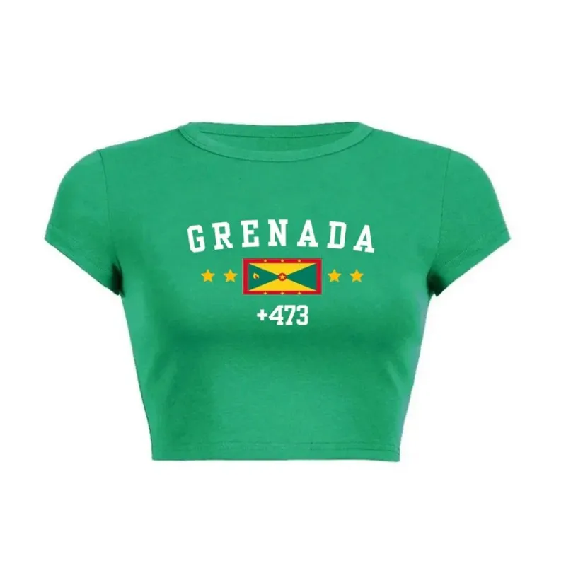 T-shirt in tinta unita con lettera bandiera nazionale ricamata corta europea e americana, top yoga casual stile spiaggia slim fit Y2K