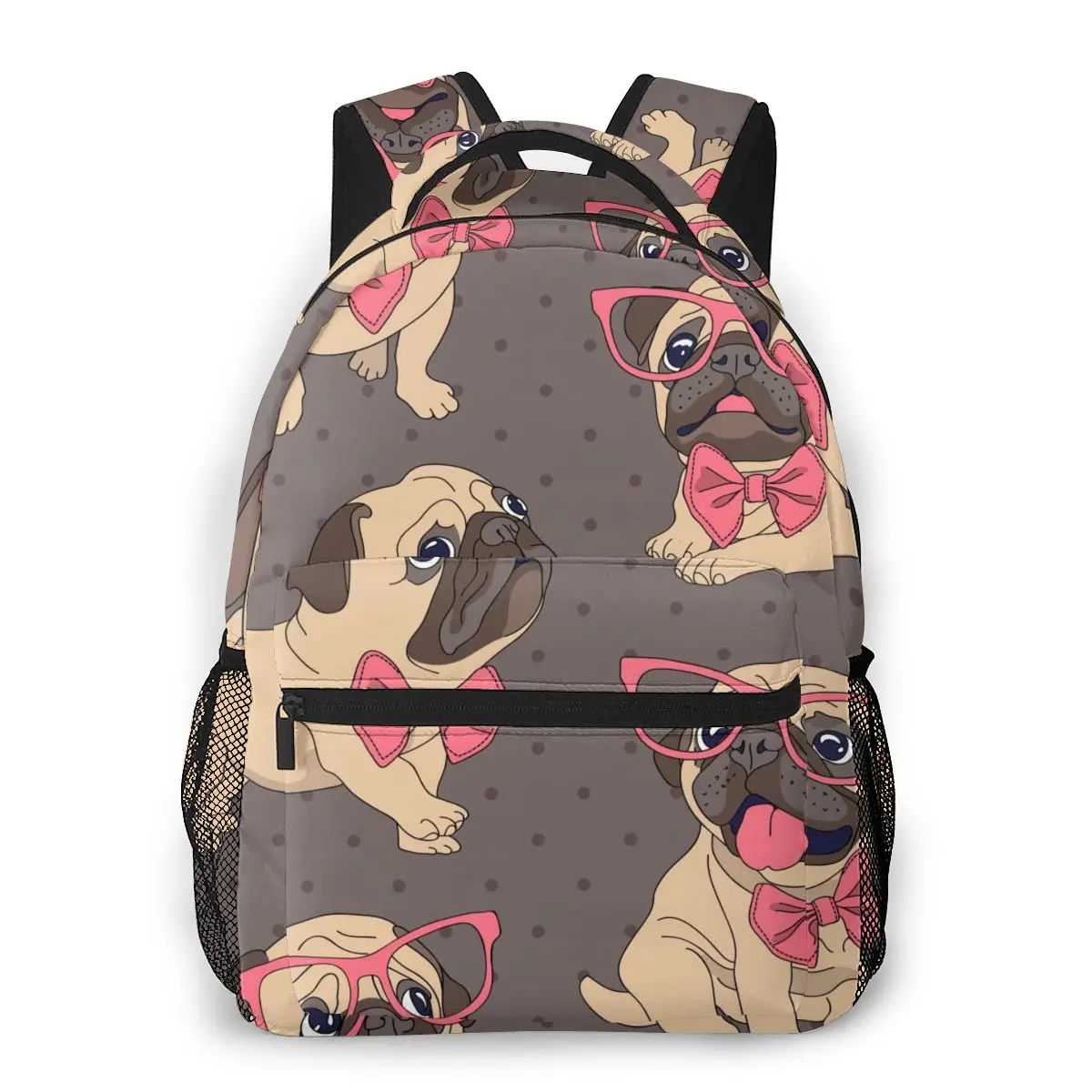 Cartoon Pug Puppy In Glasses And Bow-tie Backpack School Bags Casual for Teenager Girls Shoulder Bag Travel Bags