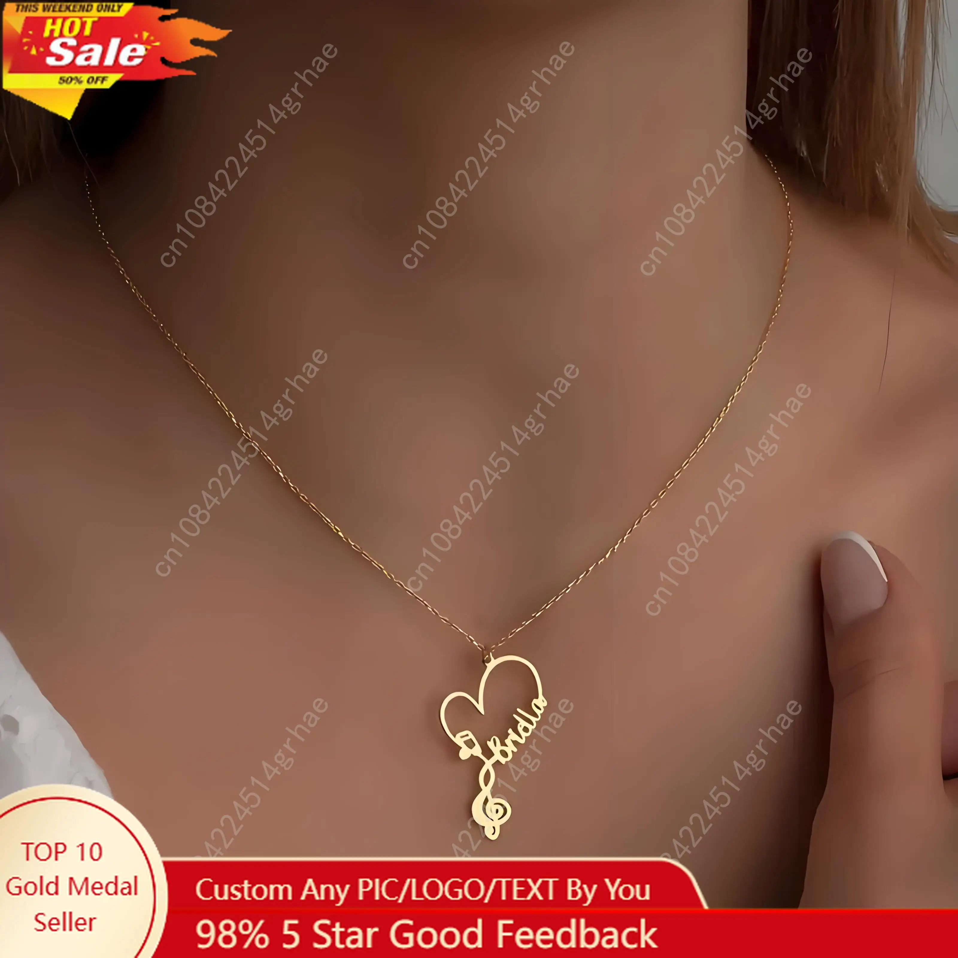 

Personalized Golden - Toned Stainless Steel Treble Clef Name Necklace, Ideal Gift for Teen Musicians, Perfect for Anniversaries