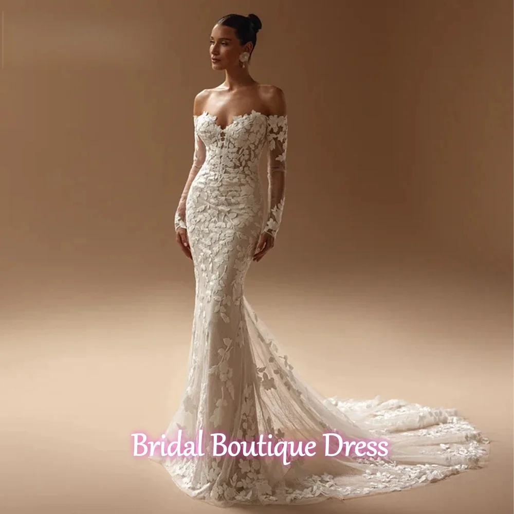 Maßgeschneiderte exquisite Applikationen Meerjungfrau Brautkleider aus der Schulter Prinzessin Brautkleid elegantes Brautkleid Zug