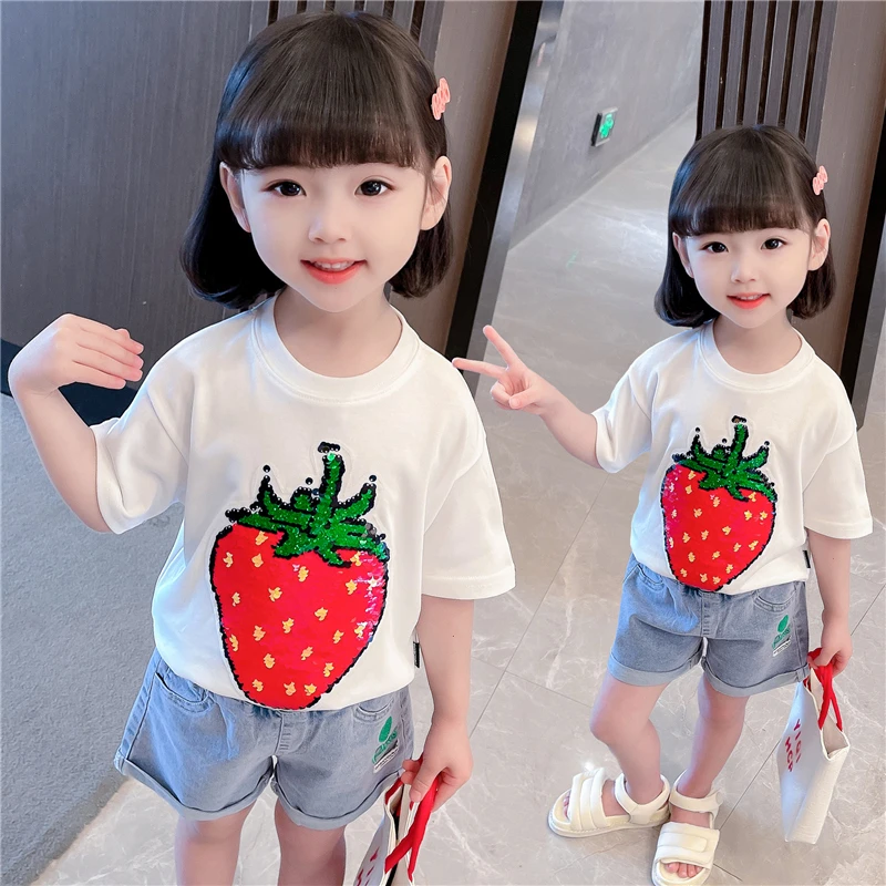 Girls Strawberry Fruit Print T-shirt Children's O-neck short sleeved All-match Casual Tops