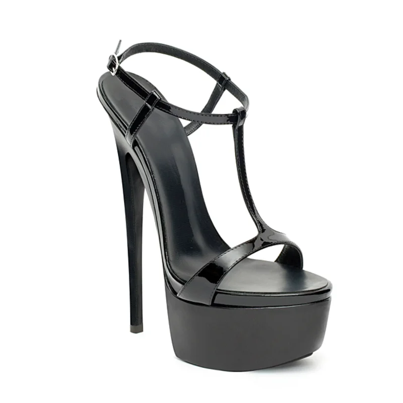 Lackleder-Sandalen mit T-Riemen, sexy runder Zehenpartie, dünnem Absatz, Shingback-Schnalle, personalisiert, Neuheiten, modische Damenschuhe