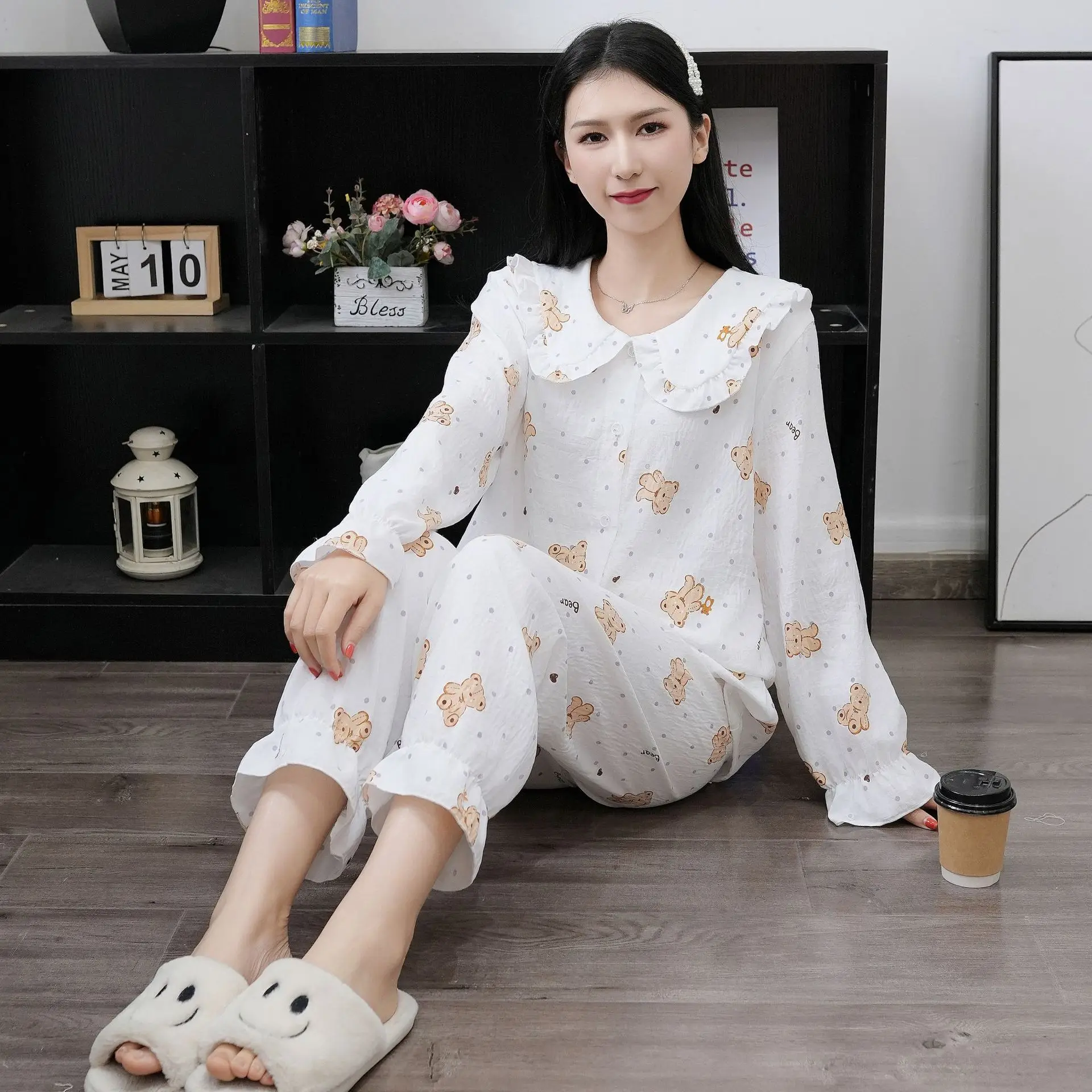 Cloud Cotton Pajamas For Women's Summer New Sweet And Cute Ruffled Edge Home Wear Thin Long Sleeved Pants Cardigan Set Female