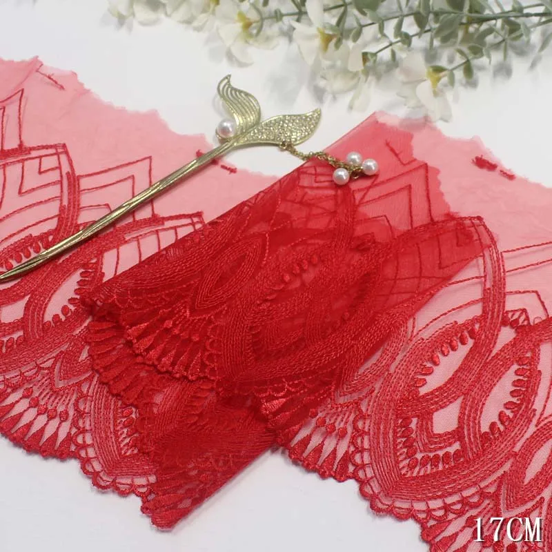 36Yards Embroidered Lace Trim Red Tulle Fabric For Lingerie Underwear Bra Doll's Dress Decor