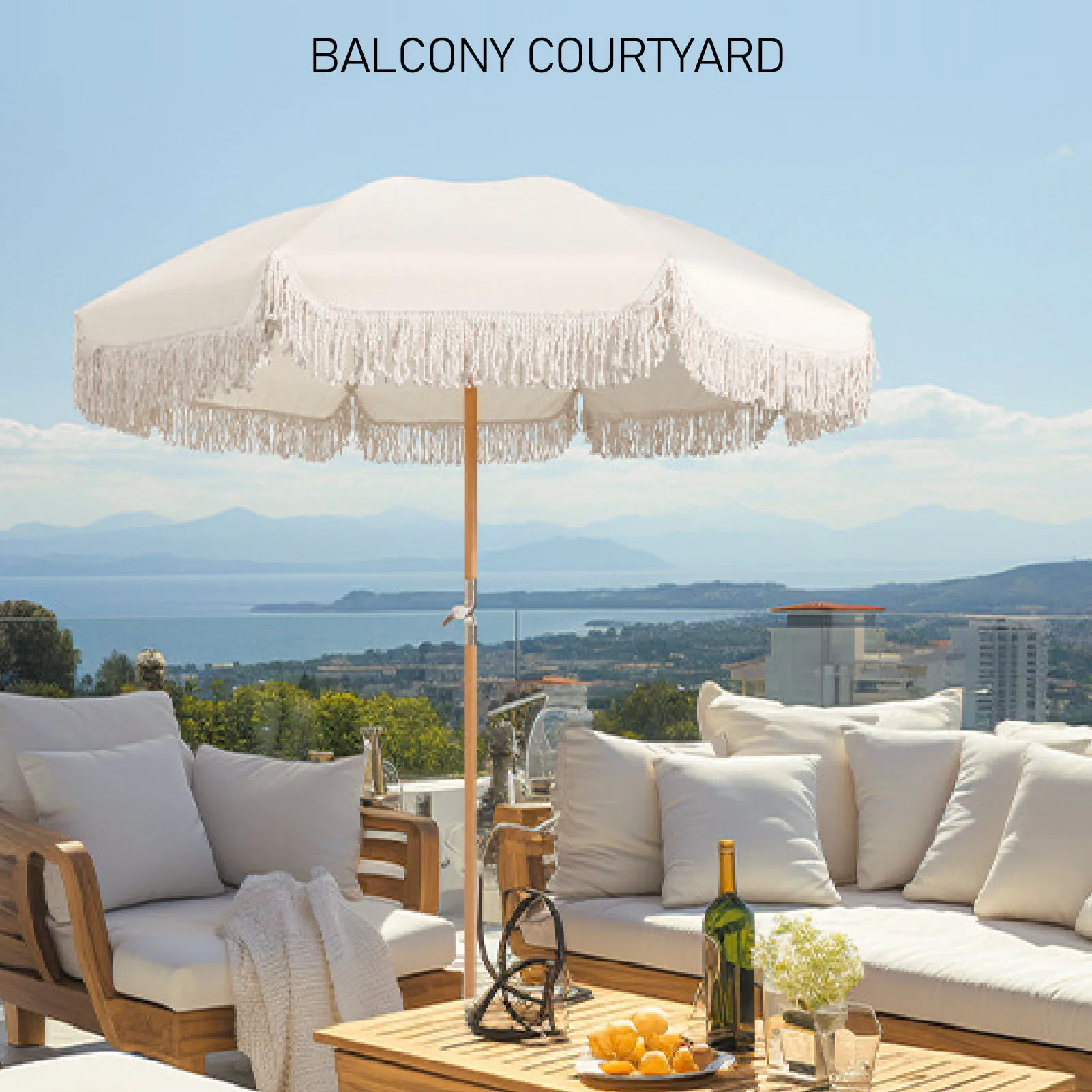 

Table Umbrella 8 Fiberglass Ribs Patio Umbrella Wooden Pole Stylish Fringe Polyester Fabric UV Proof with Carry Bag for Garden