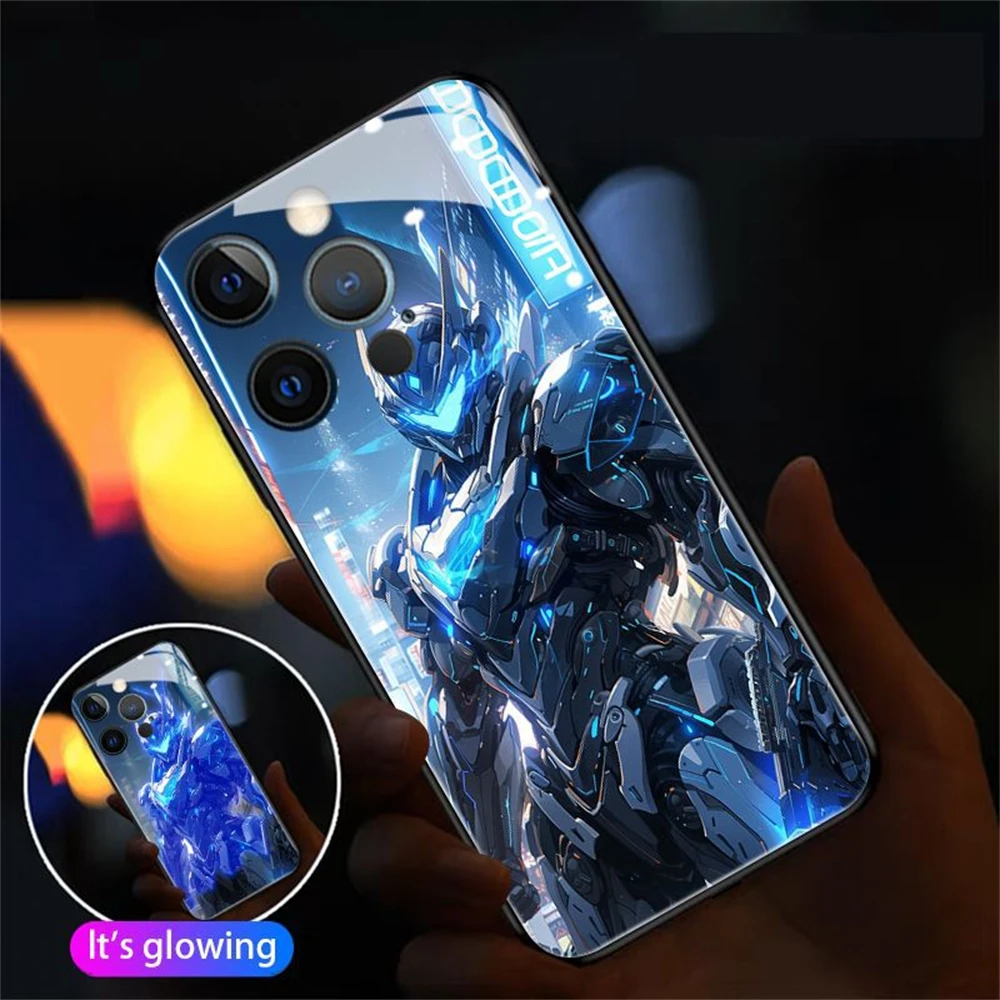 

Frozen War Armor LED Light Glow Luminous Tempered Glass Phone Case For iPhone 15 14 13 12 11 Pro Max X XR XS 6 7 8 Plus SE2020