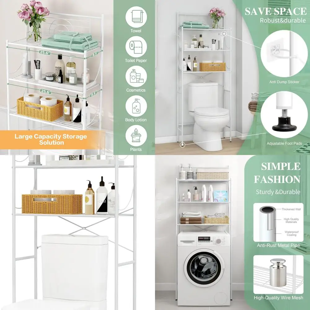 

Белая 3-уровневая металлическая полка для хранения над унитазом с крючками и держателем для бумаги для небольших помещений в ванной и квартир