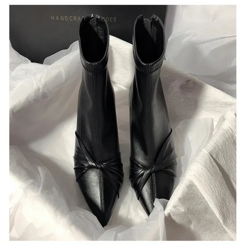 Bota de couro feminina, sapato de gladiador, preto, feminino, vestido de festa de casamento, luxo, novo, inverno, 2022, 34