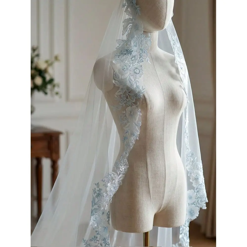 

3 Meters Light Blue Lace Edge Bridal Veil, Fresh Elegant, Suitable For Cathedral Wedding Dress