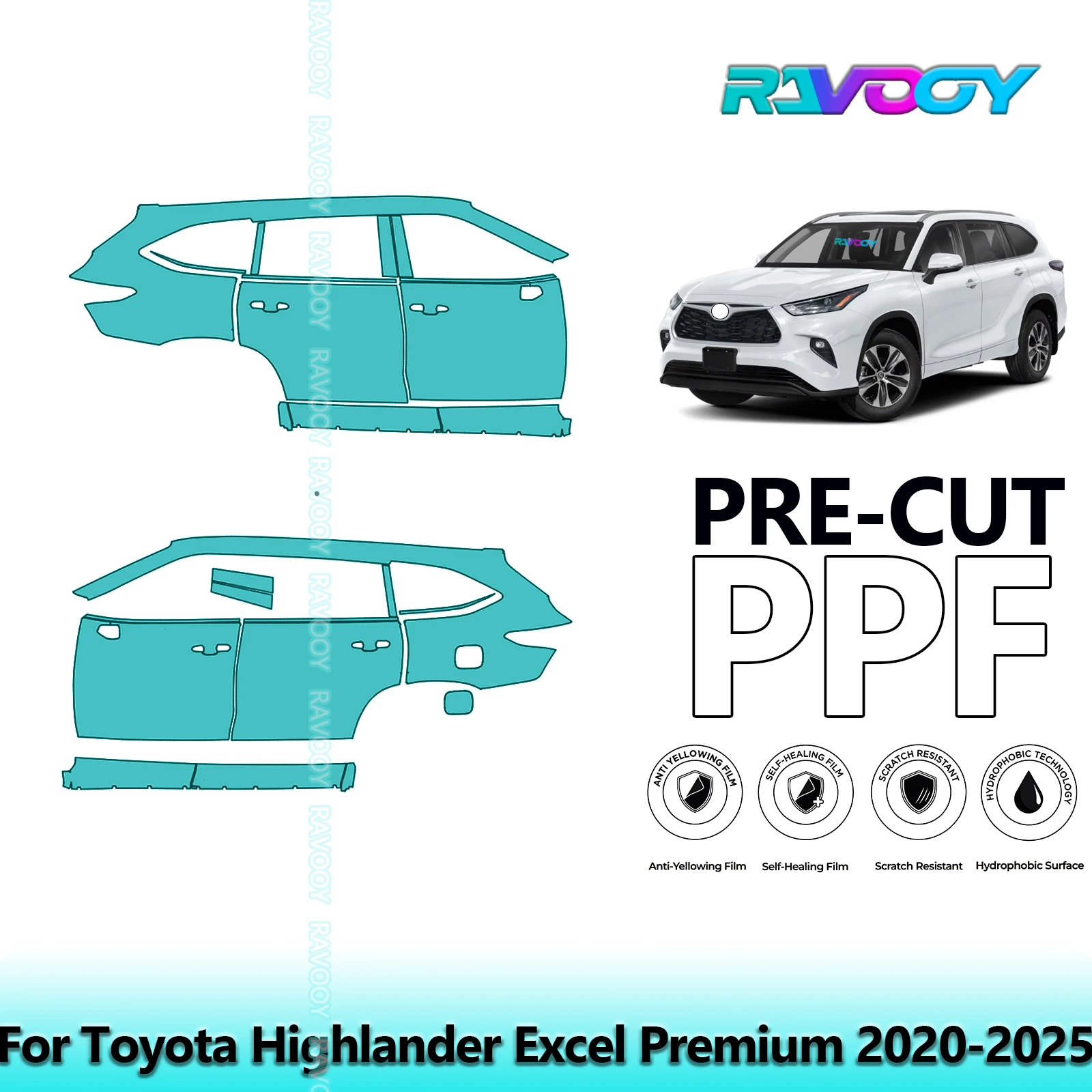 

For Toyota Highlander Excel Premium 2020-2025 8.5mil Clear Matte Pre-Cut PPF Door & A/B Pillar Kit TPU Paint Protection Film Set