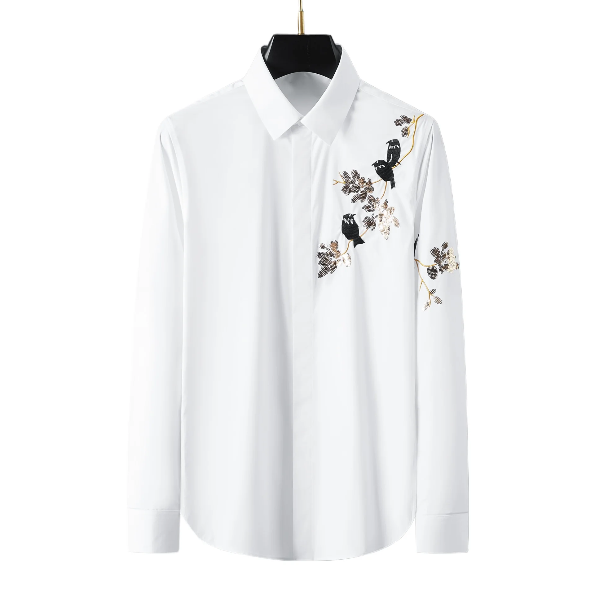 

Brand Golden Sequin Embroidered Men's Long Sleeved Shirt Trend Slim Fit Banquet Party Casual Shirts Star Stage Performance Shirt