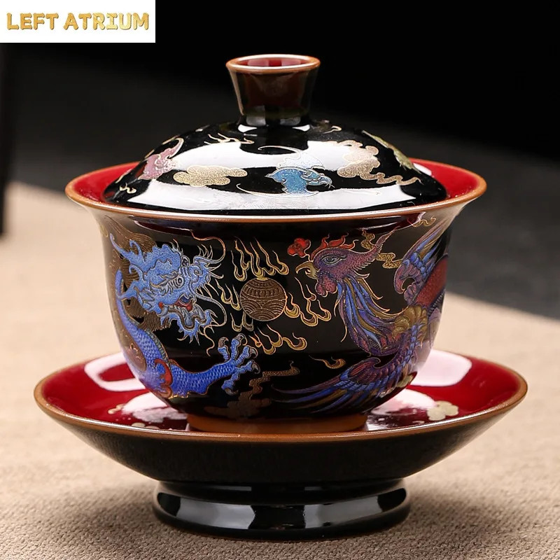 Enamel Color Gaiwan, Ceramic Tea Bowl Porcelain Gaiwan Set, Kung Fu Tea Set, Red Dragon and Phoenix Pattern, Large Cover Bowl