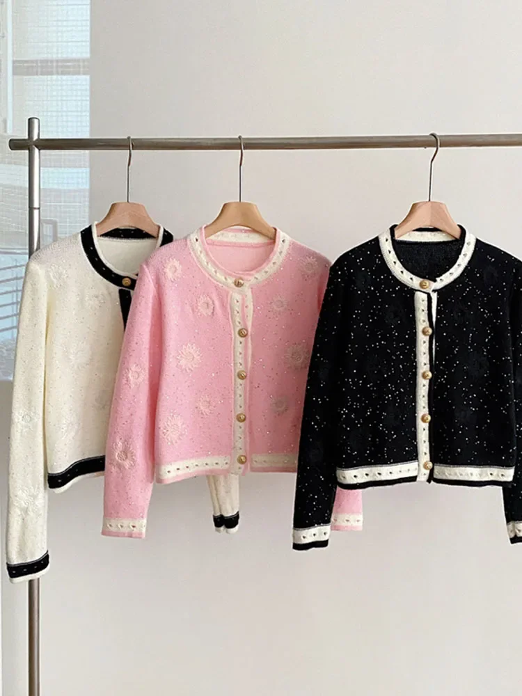 2024 Autumn Winter New Sparkly Design Button Cardigan Women Elegant Luxury Knitted Tops French style O-Neck Long Sleeve Sweater