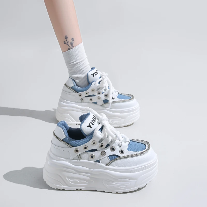 8CM High Platform Sneakers Women Casual Leather Sport Shoes New Autumn Vulcanized Skateboard White Shoes Woman Chaussures Femme