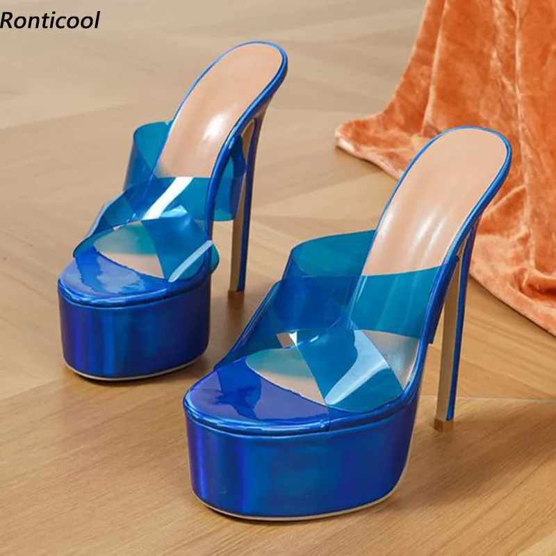

Ronticool Women Summer Mules Sandals Sexy Thin High Heels Round Toe Pretty Blue Party Shoes Ladies US Plus Size 5-20