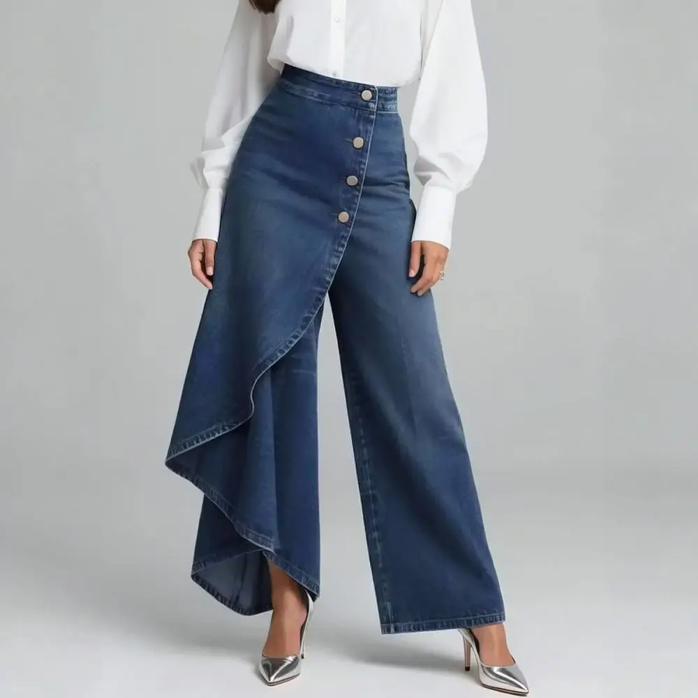 Women Casual Faux Denim Printed Leggings Button Decor Slim Trousers Stylish Streetwear Soft Fabric Daily Fashion Pants