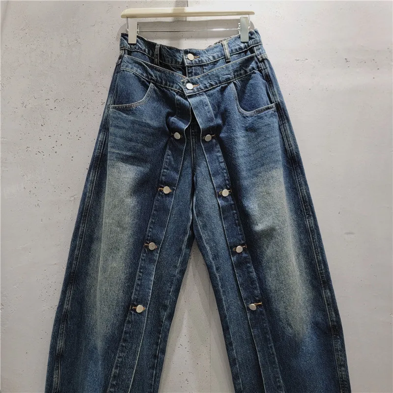 American High Street Oblique Placket Button Bootcut Jeans Hot Chick All-match Elastic Waist Wide Leg Pants Women Denim Trousers