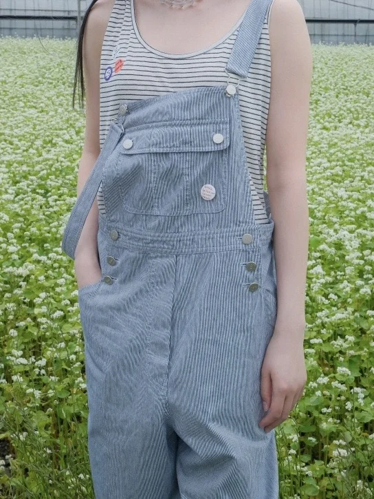 

PREON American Retro Striped Slimming Casual Overalls Fletta Commute Wide Leg Pants Long Pants Cotton Blend Ladies Jumpsuits