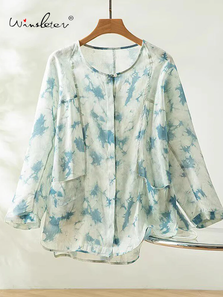 

Winsleter-50%Silk 50%Linen Elegant Shirt, 3/4 Sleeve Tie-dye, Women Design Sense Commute Loose Blouse, 2026 Summer New T64808CC