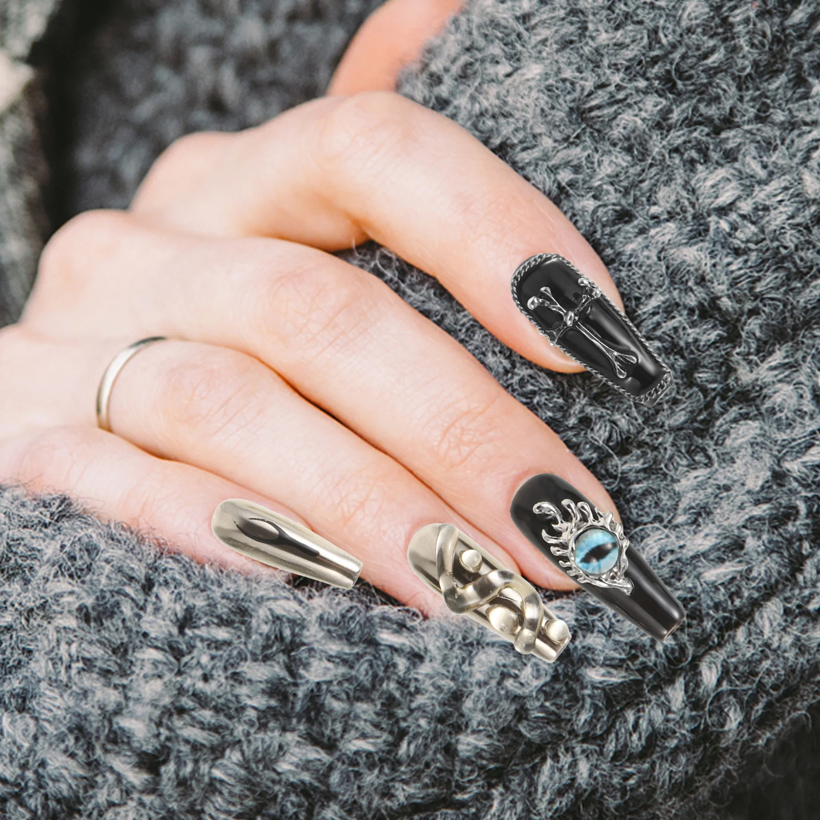 

10Pcs Black Press on Nails Handmade Gothic Cross Long Full Cover Stick on Nails for Women Spooky Nail Art