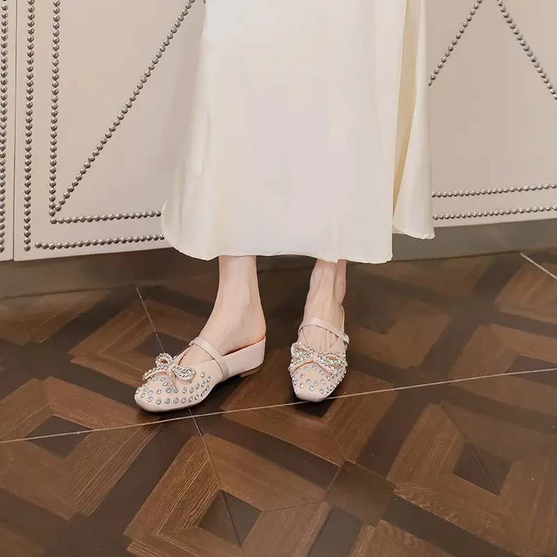 

Женские тапочки с квадратным носком, украшенные стразами и бантом, туфли на плоской подошве с неглубоким носком, уличные лоферы, модные тапочки